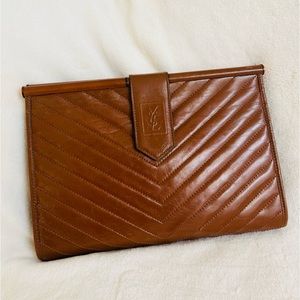 Authentic YSL Brown Leather Chevron Clutch Bag Magnetic Snaps.